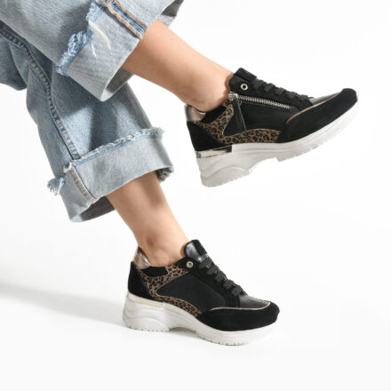 Sneakers de damă negri din piele naturală pe platformă Luxor