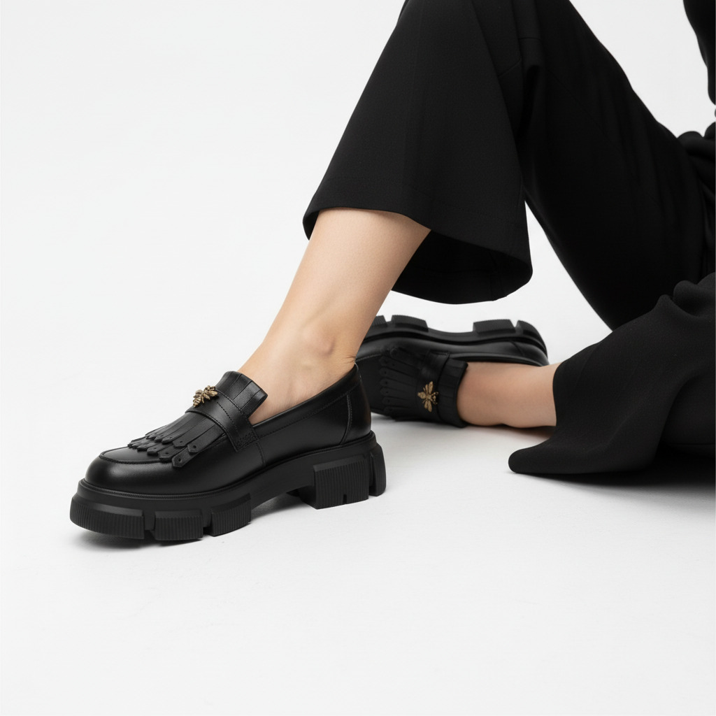 Mocasini de damă negri din piele naturală cu talpă masivă Kush Mocasini de damă negri din piele naturală cu talpă masivă Kush