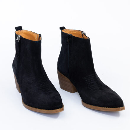 Botine cowboy scurte negre din piele întoarsă naturală, cu toc, pentru femei Valeria