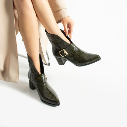 Botine de damă verde închis din piele naturală lăcuită, cu toc, Cara