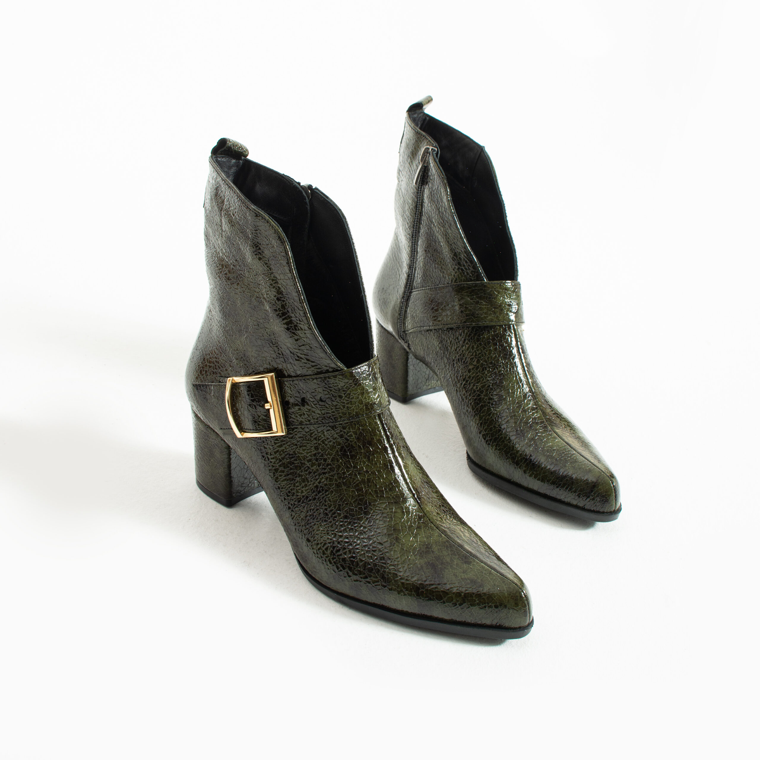 Botine de damă verde închis din piele naturală lăcuită, cu toc, Cara Botine de damă verde închis din piele naturală lăcuită, cu toc, Cara