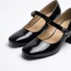 Pantofi de damă negri din piele naturală lăcuită, cu toc gros Melia