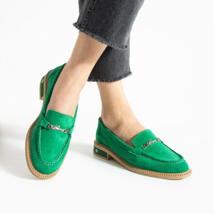 Loafers eleganți de damă verzi din piele întoarsă naturală Esmer