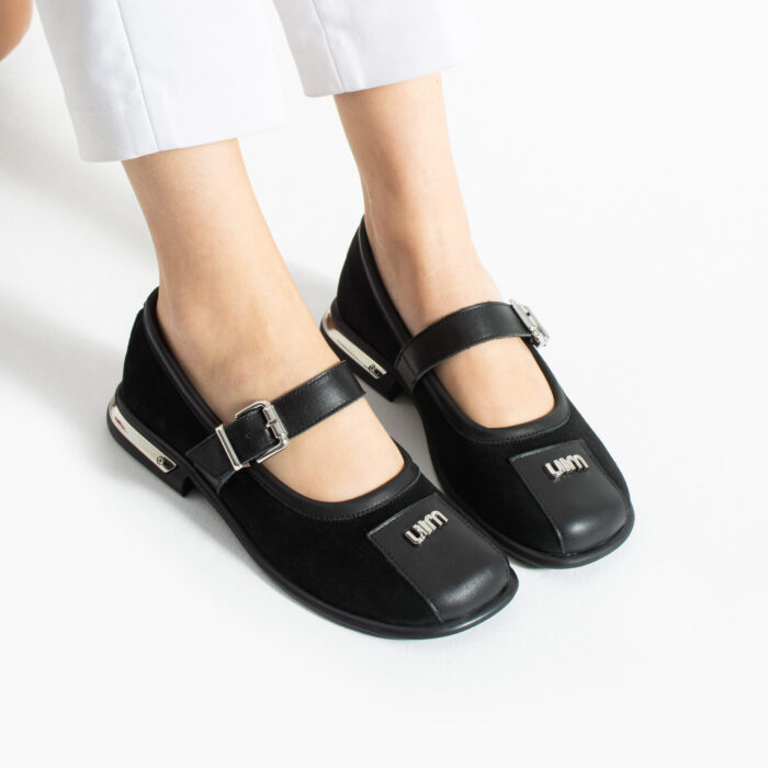 Pantofi Mary Jane negri din piele întoarsă naturală, cu bareta Sarai