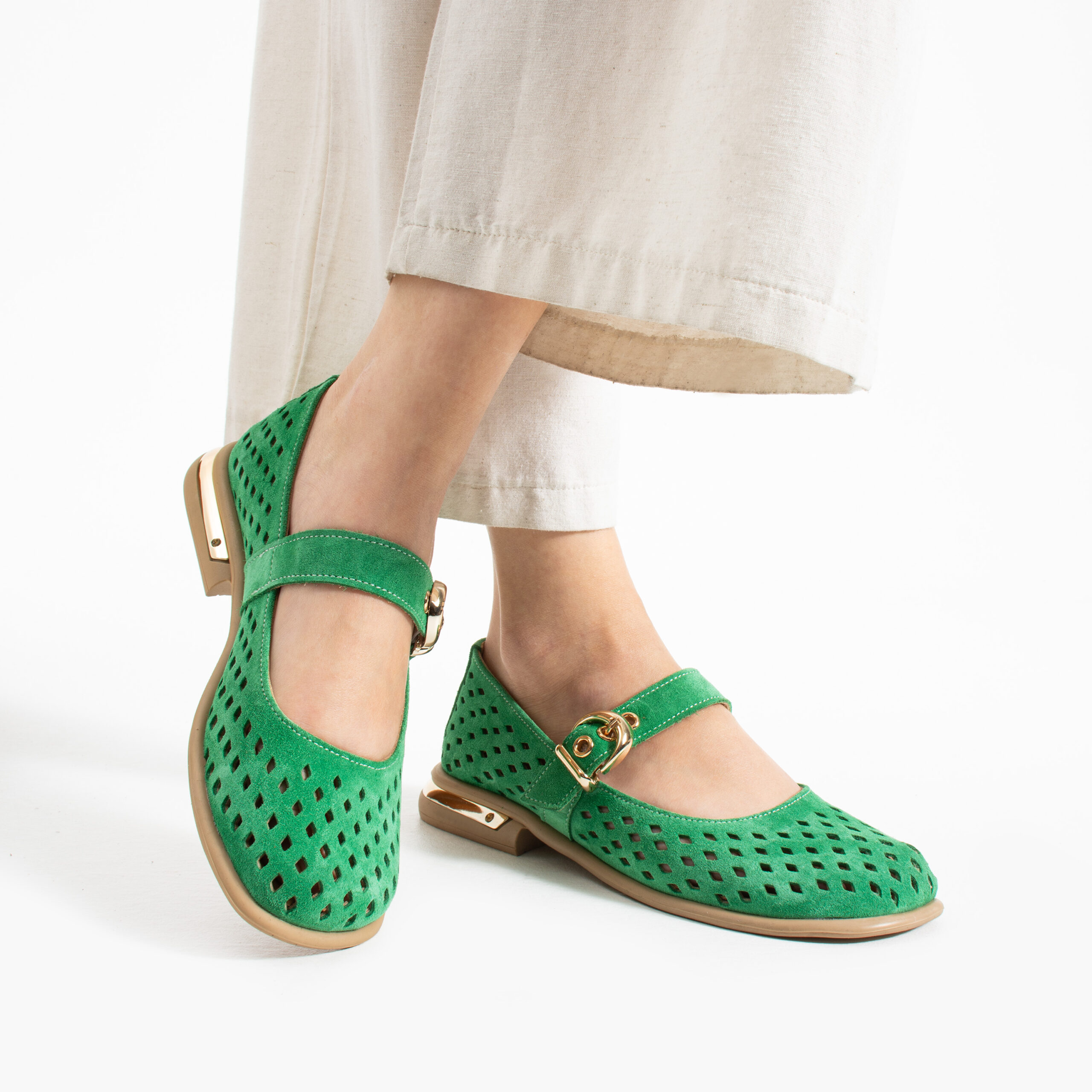 Pantofi Mary Jane verzi din piele întoarsă naturală perforată Shani Pantofi Mary Jane verzi din piele întoarsă naturală perforată Shani