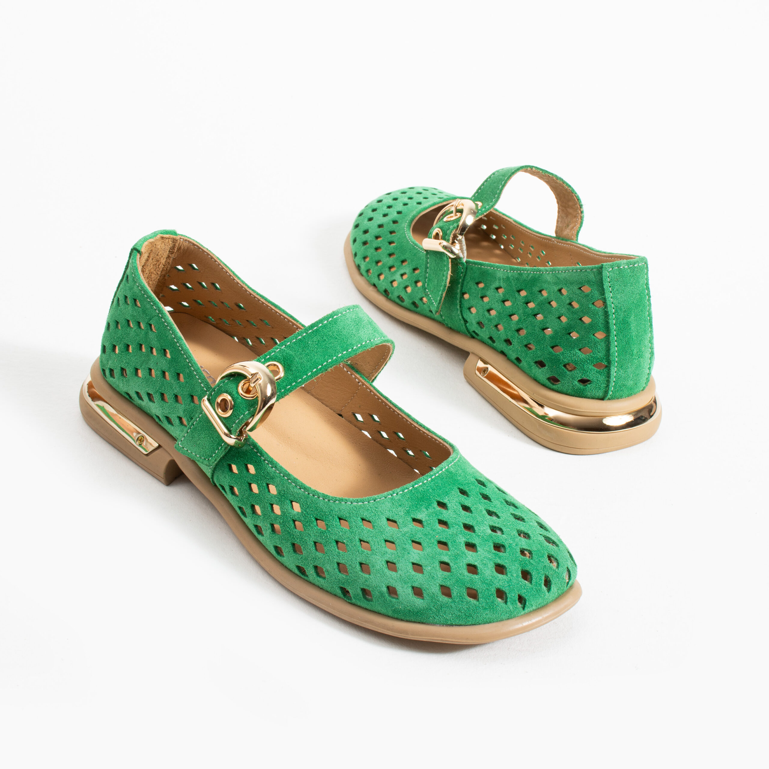 Pantofi Mary Jane verzi din piele întoarsă naturală perforată Shani Pantofi Mary Jane verzi din piele întoarsă naturală perforată Shani