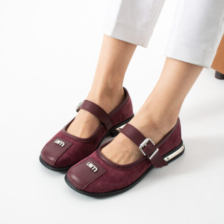 Pantofi Mary Jane Sarai, bordo, din piele întoarsă naturală cu bareta