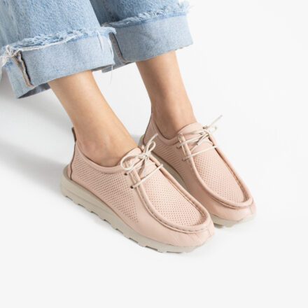 Pantofi casual roz din piele naturală cu șireturi Lina
