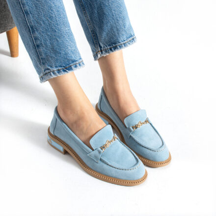 Loafers eleganți de damă bleu din piele întoarsă naturală Esmer