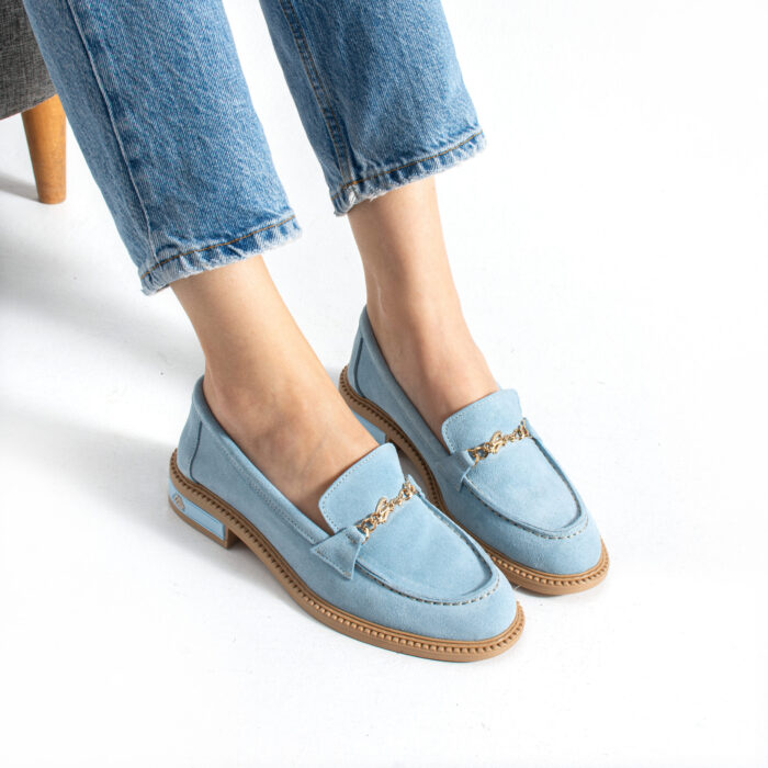 Loafers eleganți de damă bleu din piele întoarsă naturală Esmer
