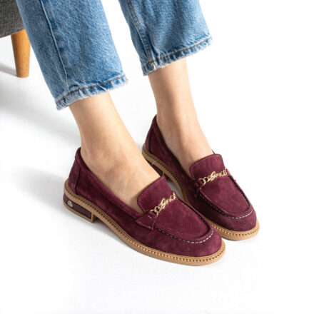 Loafers eleganți de damă bordo din piele întoarsă naturală Esmer
