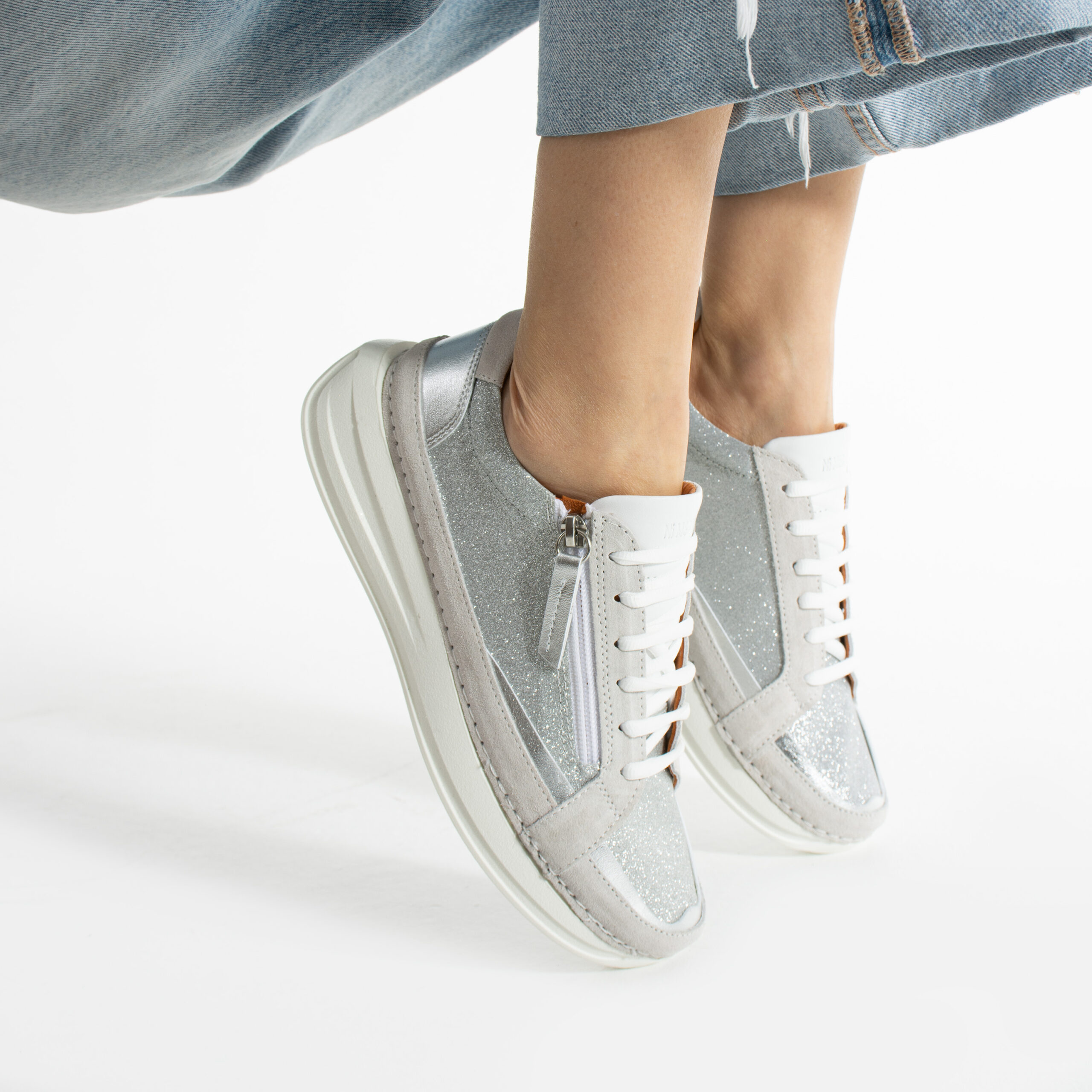 Sneakers damă moderni din piele naturală, Argintiu Moama Sneakers damă moderni din piele naturală, Argintiu Moama