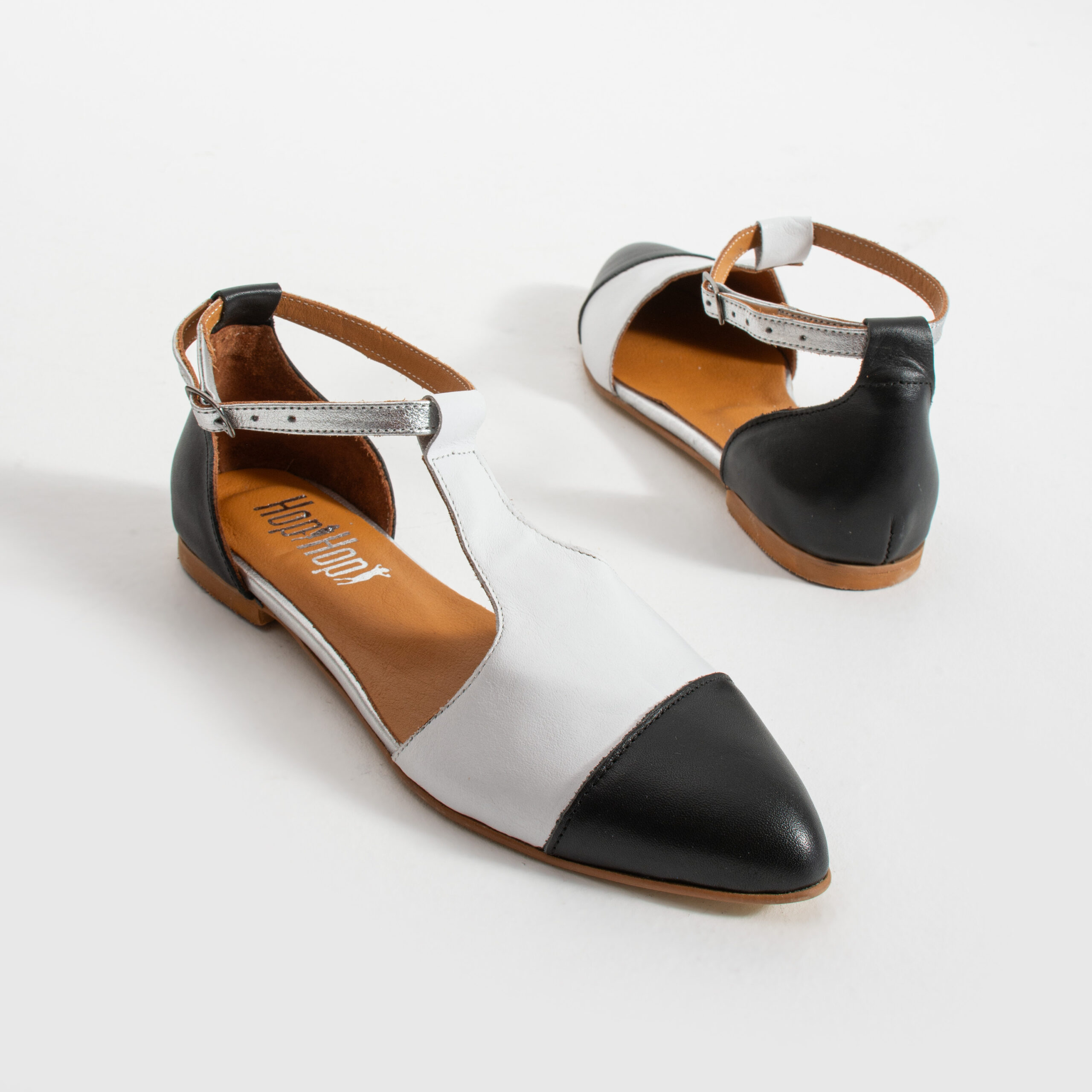Balerini din piele naturală pentru femei, cu bareta, Negru-Alb Rachel Balerini din piele naturală pentru femei, cu bareta, Negru-Alb Rachel