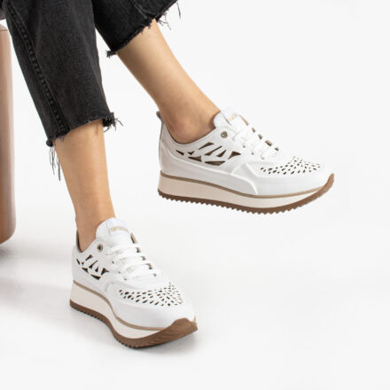 Sneakers albi de damă cu platformă din piele naturală Neriman