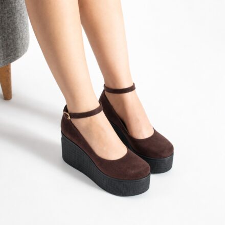 Pantofi maro de damă cu platformă din piele întoarsă naturală Ginevra
