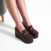 Mocasini maro de damă cu platformă din piele întoarsă naturală Giorgia