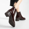 Botine de damă bordo din piele naturală lăcuită, cu toc mic Bella