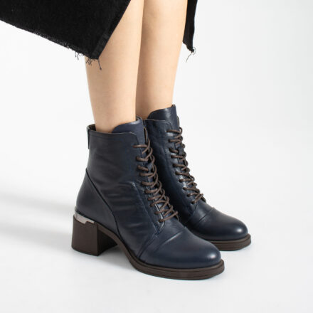 Botine bleumarin cu toc din piele naturală Brenda