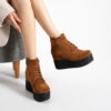 Botine maro Caroline, cu platformă, din piele întoarsă naturală și șireturi