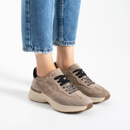 Sneakers damă bej din piele întoarsă naturală cu șireturi duble Harriet