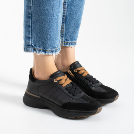 Sneakers negri de damă din piele naturală cu șireturi duble Harriet