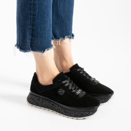 Pantofi sport negri de damă din piele întoarsă naturală Dorothy