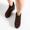 Botine damă Caroline, maro închis, pe platformă, din piele întoarsă naturală, cu șireturi