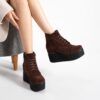 Botine damă Caroline, maro închis, pe platformă, din piele întoarsă naturală, cu șireturi