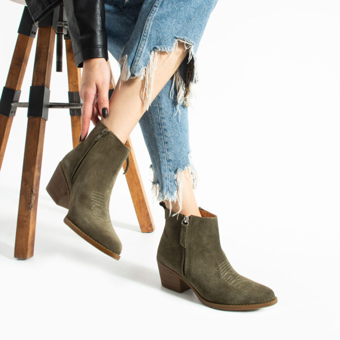 Botine cowboy scurte verzi pentru femei, cu toc, din piele intoarsa naturala Valeria