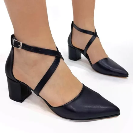 Pantofi de damă negri cu toc din piele naturală Kaymet